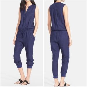 Joie 100% Linen Jumpsuit Blue Sleeveless Drawstring Waist Jogger Cuffs Size S